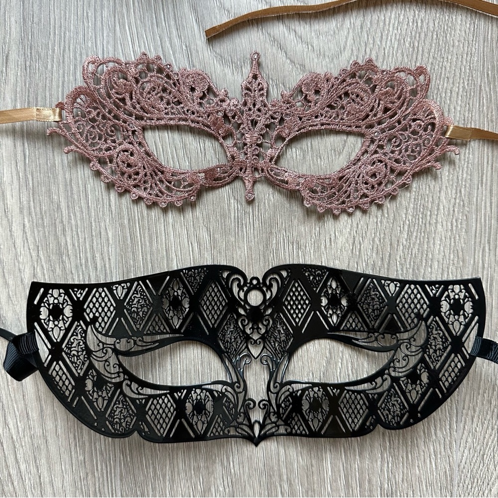 2 Adult Adjustable Masquerade Masks: Rose Gold Rhinestone & Black Laser Cut